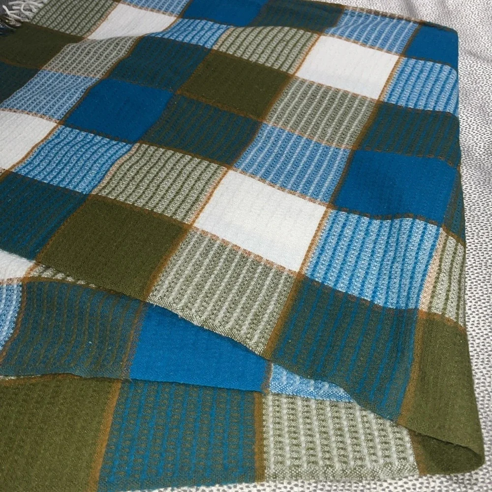 Vintage 1960's Troy Wool Blend Plaid Leisure Blanket Troy Mills Blue Green 70x54